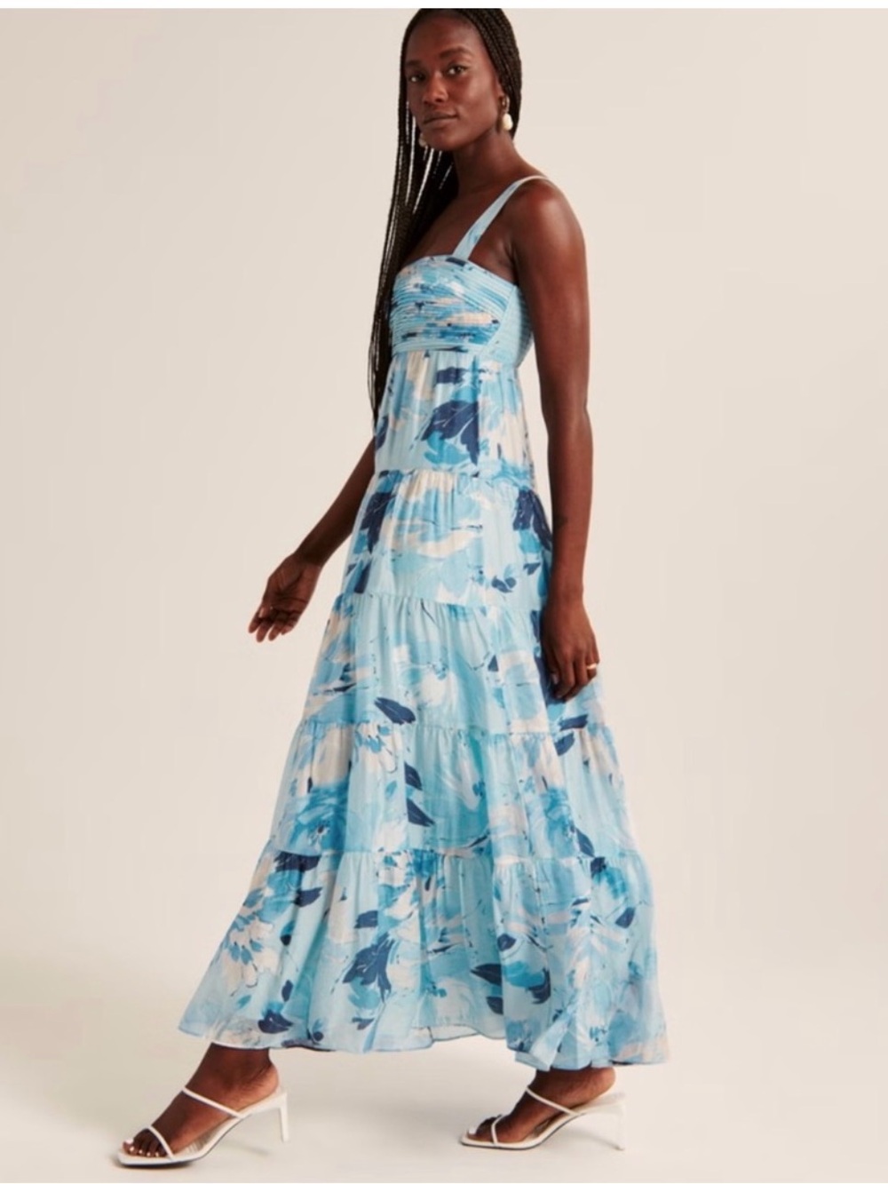 Abercrombie & Fitch Blue Floral Tiered Ruched Empire Waisted Maxi Dress Size M - Picture 5 of 13